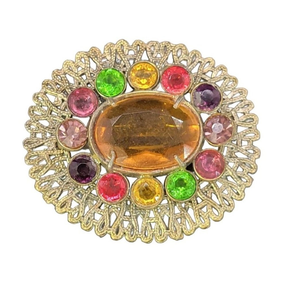 Vintage Czech 1930s Glass Rhinestone Crystal Multicolored Brooch Pin